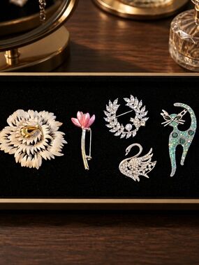 Assorted Women's Brooch Set - Pink, White, Silver, Green Accents